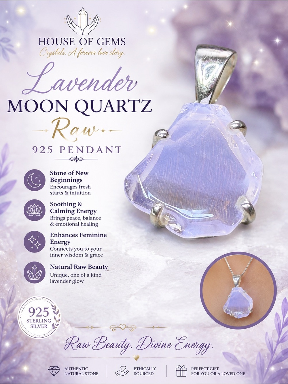 Lavender Moon Quartz Raw 925 Sterling Silver Pendant
